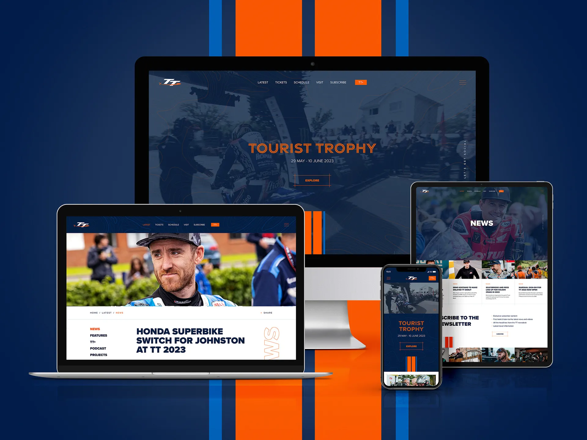 The Isle of Man TT Races website iomttraces.com built by DotPerformance shown across desktop, laptop, tablet, and smartphone, displaying the Tourist Trophy homepage, a rider news article, and the news section